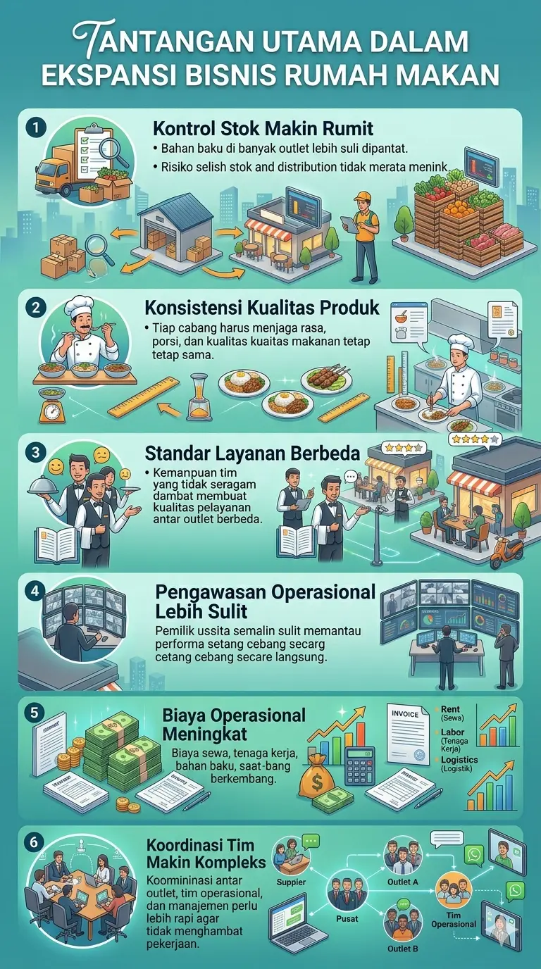 Infografis tantangan dalam ekspansi bisnis rumah makan yang mencakup stok, kualitas, layanan, biaya, pengawasan, dan koordinasi.