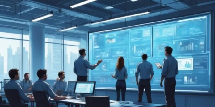 Ilustrasi transformasi digital perusahaan dengan teknologi cloud, AI, dan analisis data