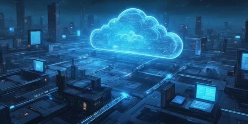 Ilustrasi cloud computing yang menghubungkan sistem bisnis perusahaan