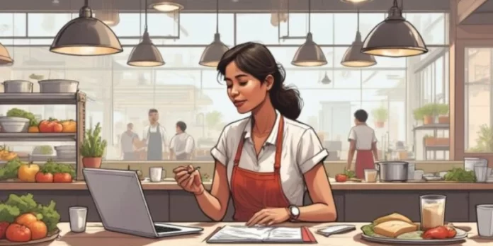 Ilustrasi proses menghitung HPP bisnis restoran dengan bahan baku, dokumen biaya, dan data penjualan.