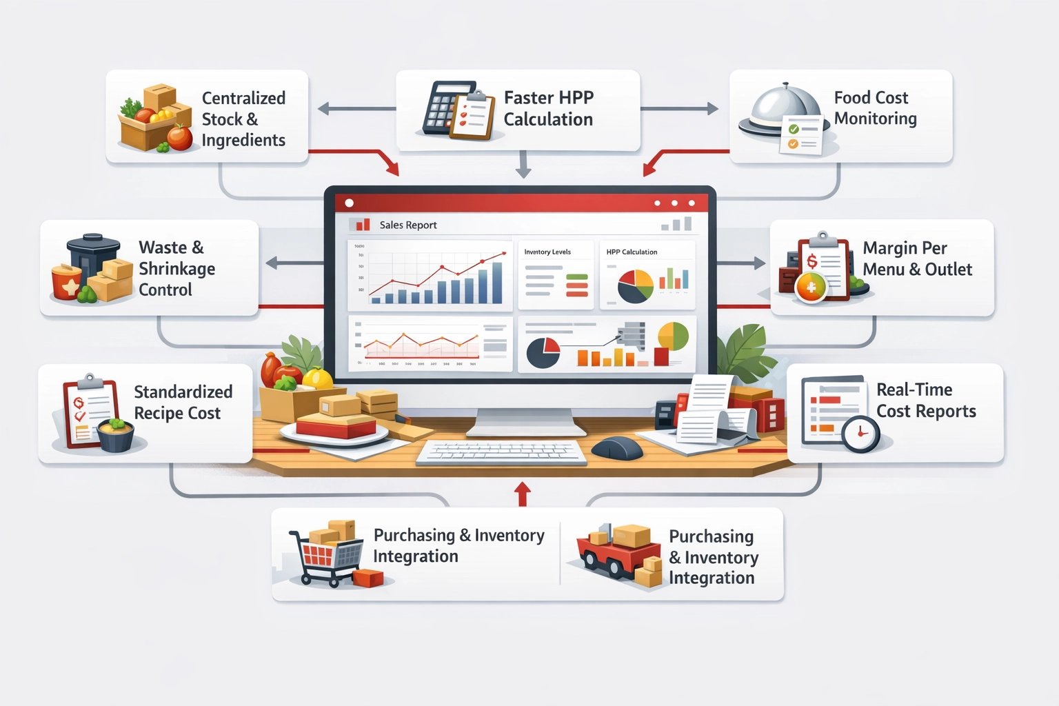 Infografis software FnB terintegrasi untuk mengontrol HPP, stok, food cost, waste, dan margin restoran.