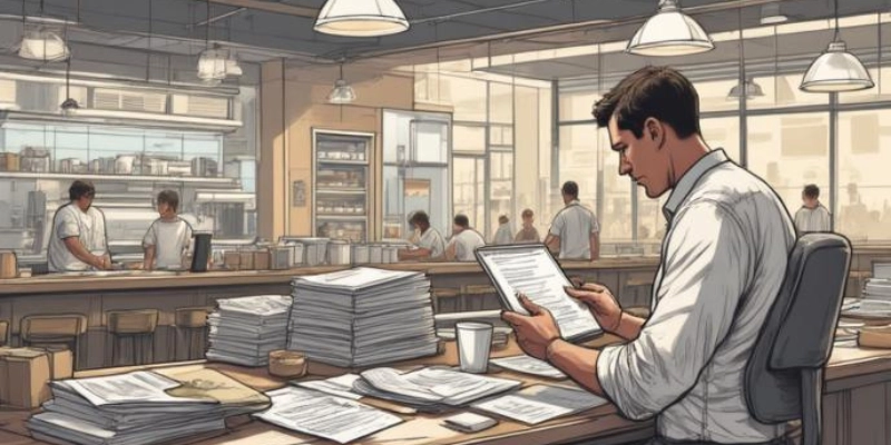 Ilustrasi tim restoran besar kewalahan mengelola HPP manual dengan banyak dokumen, stok, dan laporan dari beberapa outlet.