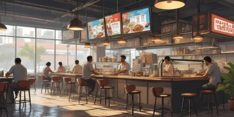 Ilustrasi pusat cloud kitchen di Indonesia dengan berbagai merek makanan dan layanan delivery.