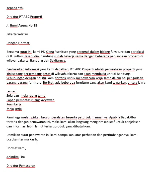 contoh surat penawaran barang