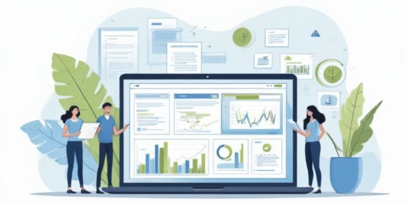 Ilustrasi tim organisasi mengevaluasi software akuntansi nirlaba menggunakan laptop dengan checklist fitur dan dashboard keuangan.