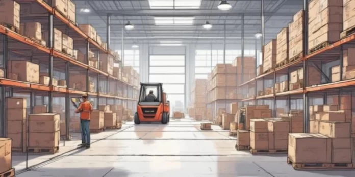 Ilustrasi gudang 3PL modern dengan aktivitas scan barcode, pengelolaan stok, dan pengiriman barang dalam satu sistem.