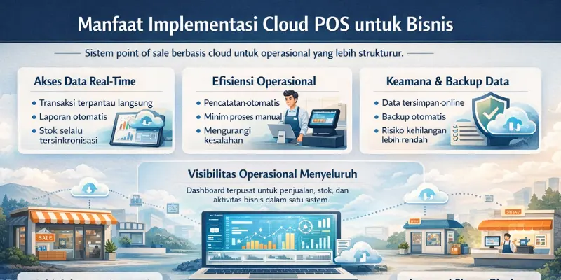 Infografis manfaat Cloud POS untuk bisnis: akses data real-time, efisiensi operasional, keamanan data, multi-cabang, dan integrasi sistem