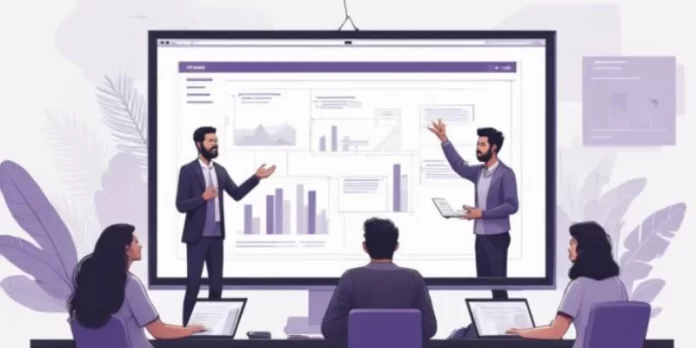 Ilustrasi tim sedang melakukan perencanaan manajemen proyek menggunakan dashboard proyek dan timeline pekerjaan.