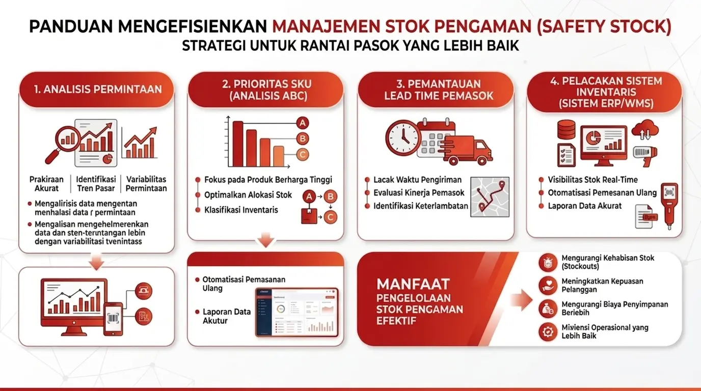 Infographic showing tips for managing safety stock efficiently in inventory management.