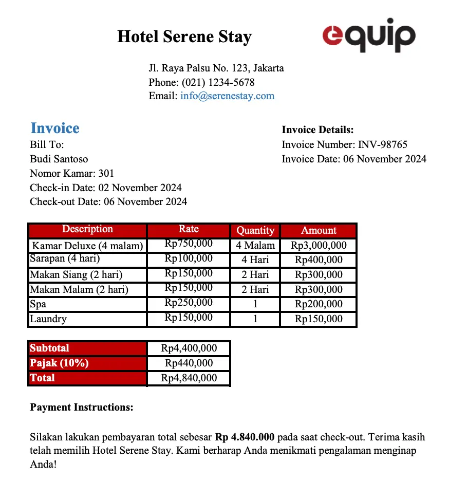 contoh invoice hotel