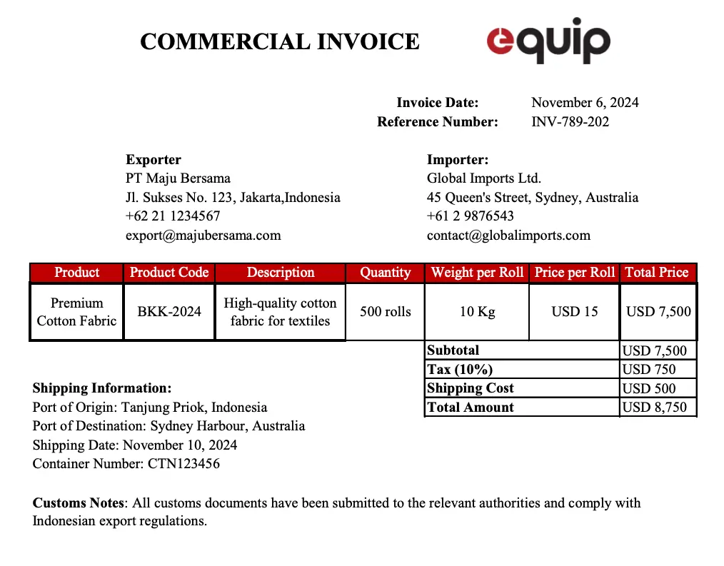 contoh invoice komersial