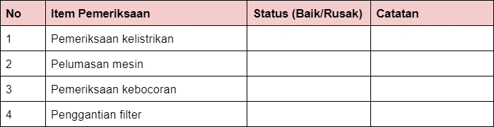 tabel checklist maintainance