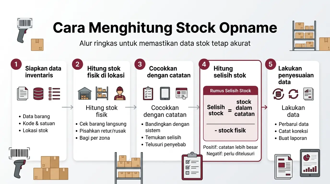 Infografis landscape cara menghitung stock opname dengan lima langkah utama dan rumus selisih stok.