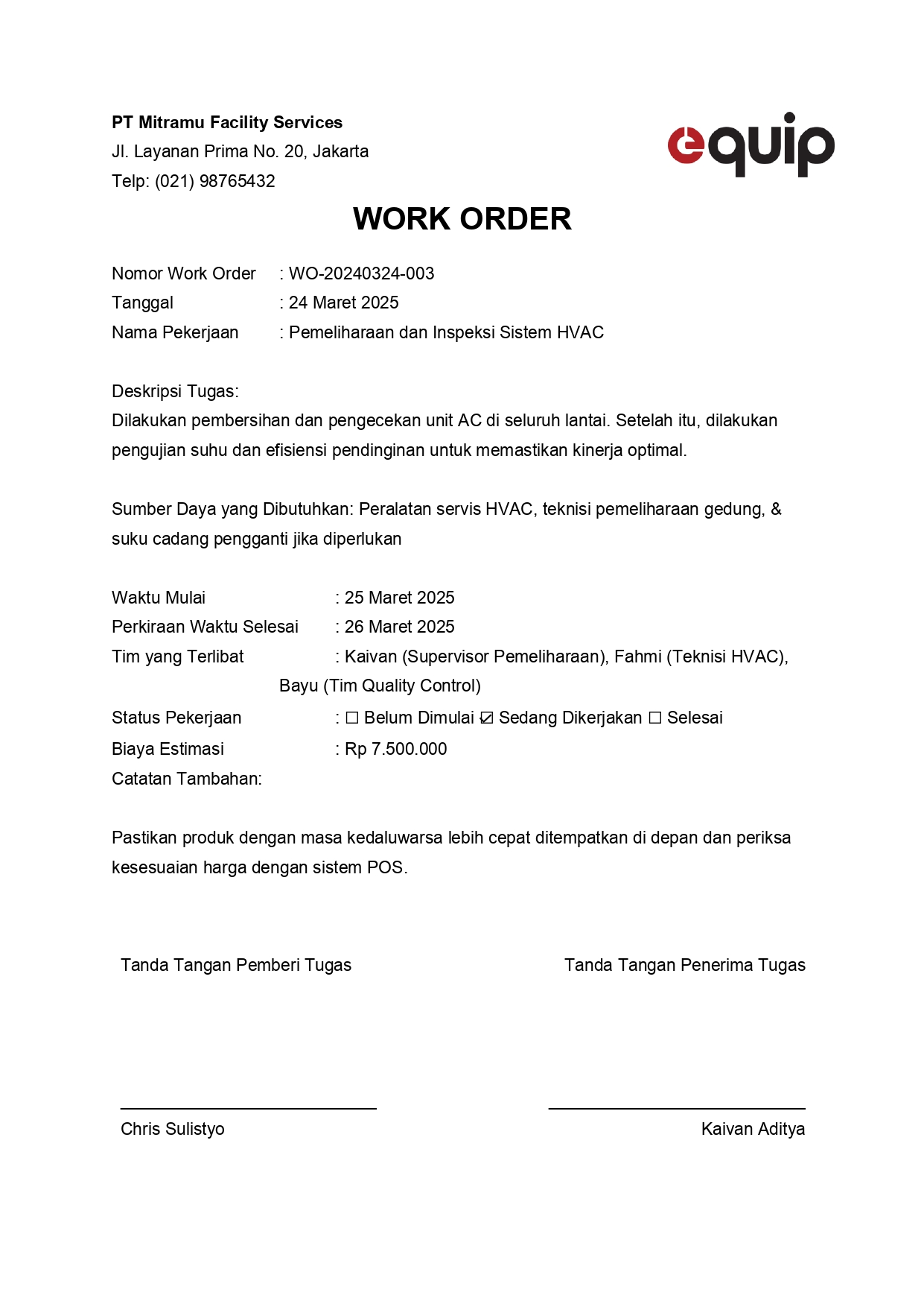 contoh work order form fasilitas service