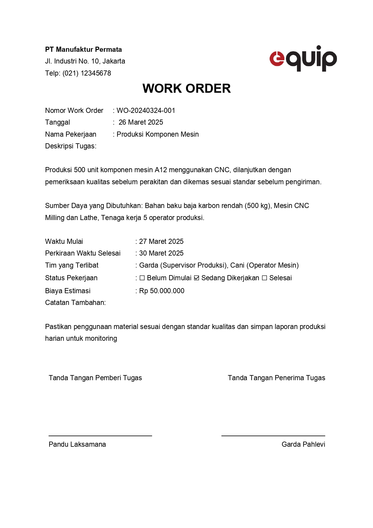 contoh work order form manufaktur