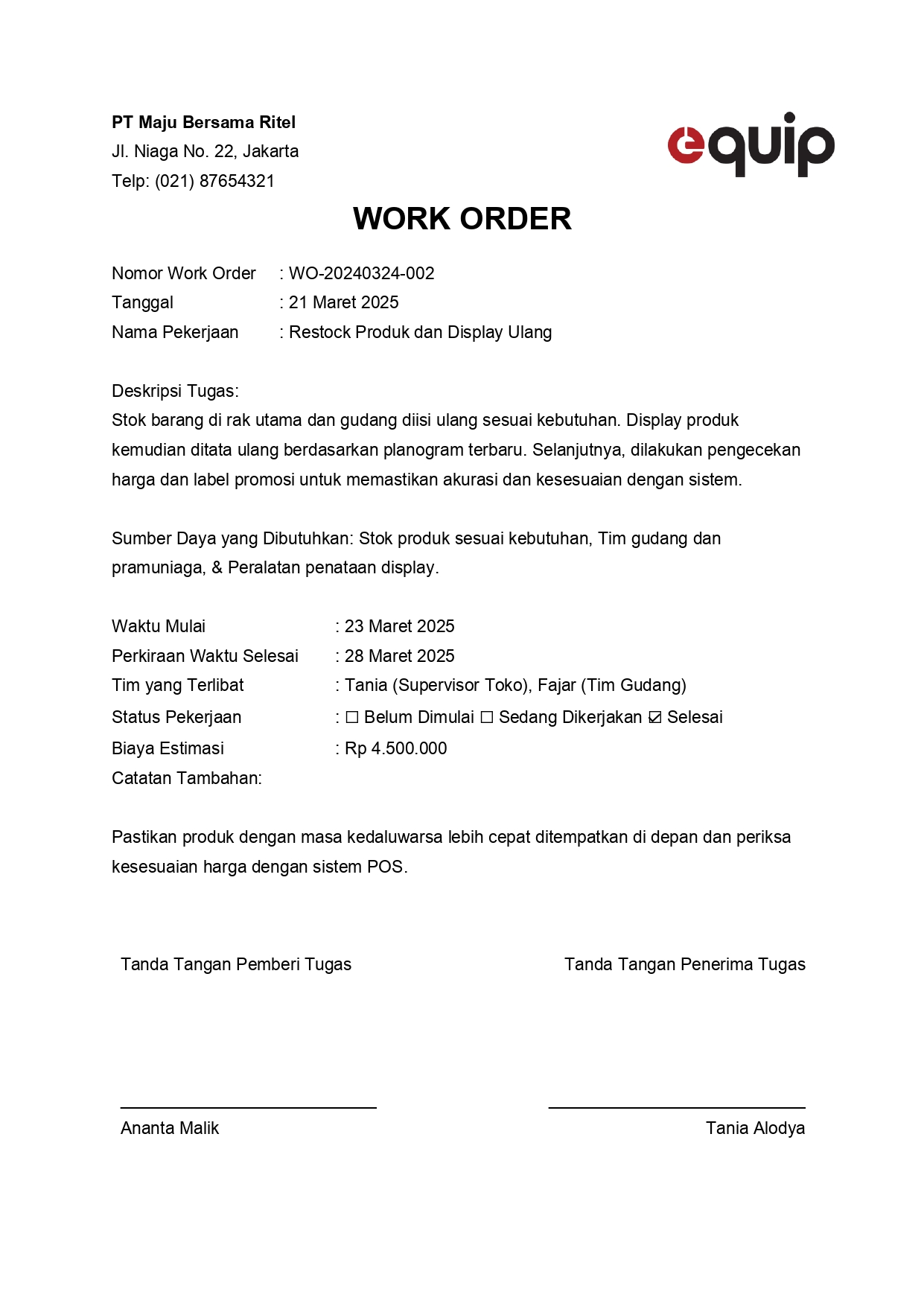 contoh work order form ritel
