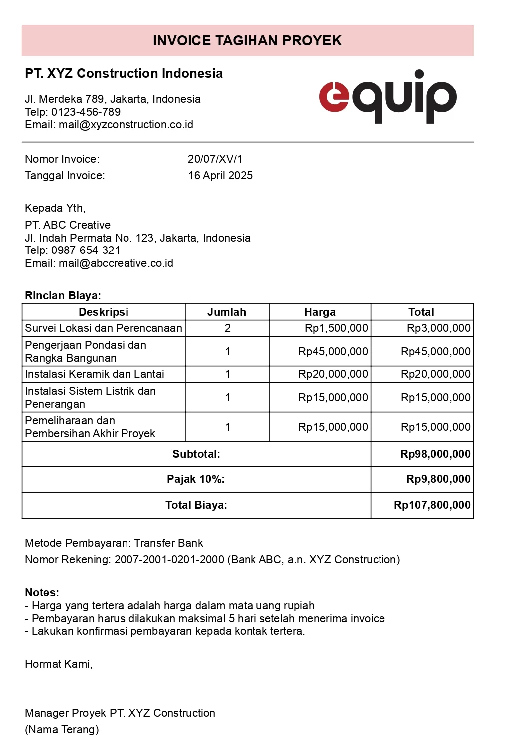 Contoh Invoice Tagihan Proyek