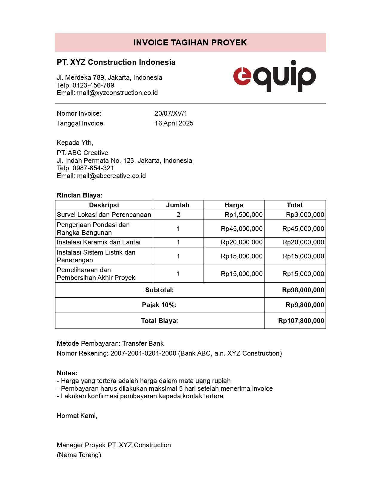 Contoh Invoice Tagihan Proyek