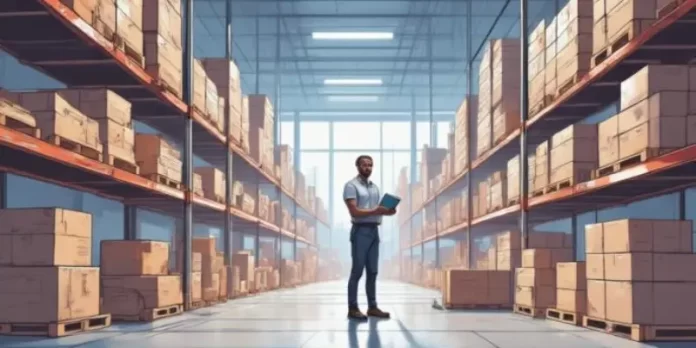 Ilustrasi proses stock opname di gudang modern menggunakan scanner barcode dan dashboard inventori digital