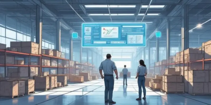 Ilustrasi tim bisnis mencocokkan stok fisik dengan sistem inventori untuk memastikan akurasi data