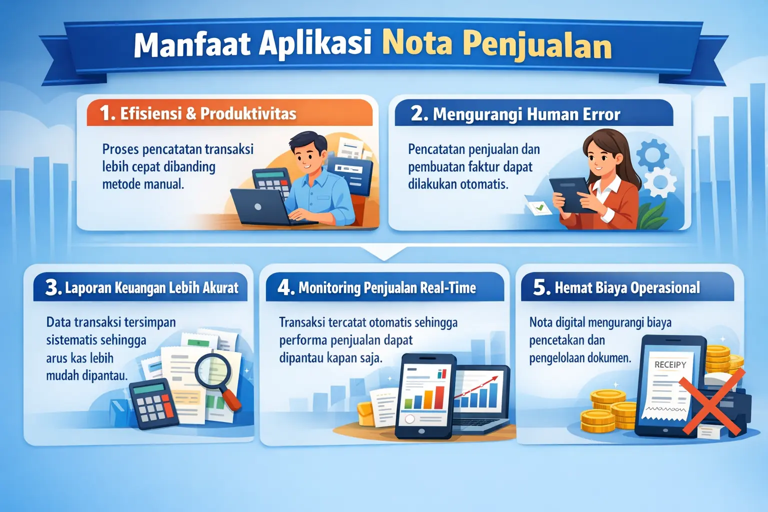 Infografis manfaat aplikasi nota penjualan dengan lima poin utama seperti efisiensi transaksi, mengurangi human error, laporan keuangan akurat, monitoring penjualan real-time, dan hemat biaya operasional.