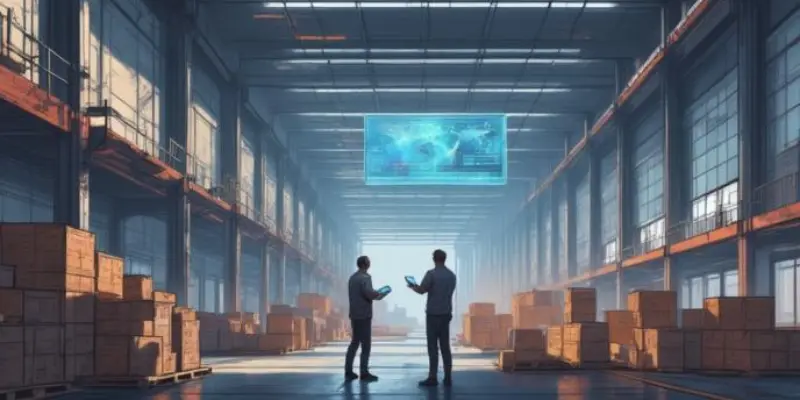 large modern warehouse in bonded zone environment, workers scanning barcode on goods, using tablet to update IT inventory system, digital hologram dashboard showing real-time stock movement, containers and industrial equipment, cinematic lighting, soft shadows, depth of field, ultra realistic, professional industrial scene, 16:9