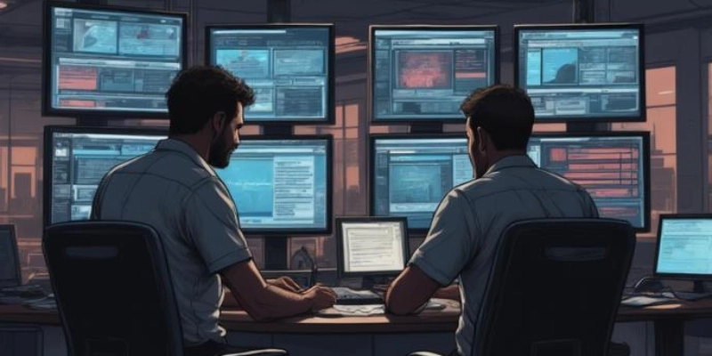 industrial office with stressed workers analyzing complex data, multiple screens showing errors, system integration issues, warning notifications, dim lighting with contrast, cinematic mood, realistic business environment, depth of field, 16:9