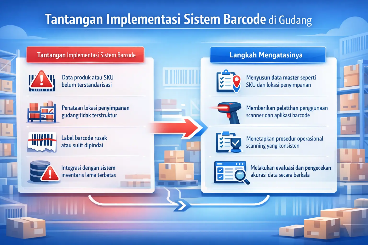 Infografis tantangan implementasi sistem barcode di gudang dan langkah mengatasinya seperti standarisasi SKU, pelatihan penggunaan scanner, serta evaluasi data inventaris.