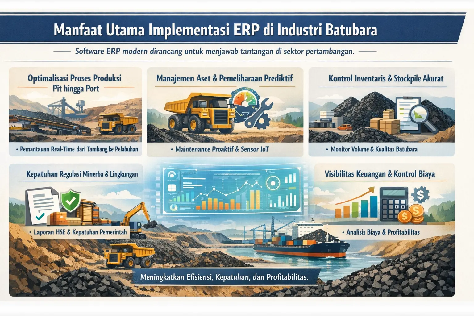 Infografis manfaat implementasi ERP di industri batubara yang menampilkan optimalisasi produksi, manajemen aset, kontrol inventaris, kepatuhan regulasi, dan visibilitas keuangan.