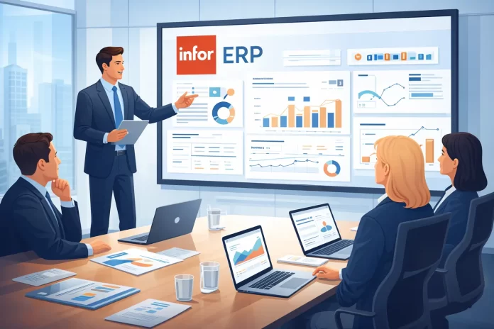 Ilustrasi presentasi Infor ERP di ruang rapat perusahaan yang menampilkan dashboard sistem ERP untuk transformasi bisnis