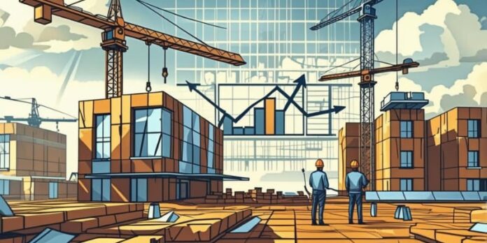 Ilustrasi proyek konstruksi dengan grafik kenaikan biaya yang menggambarkan terjadinya cost overrun pada proyek.