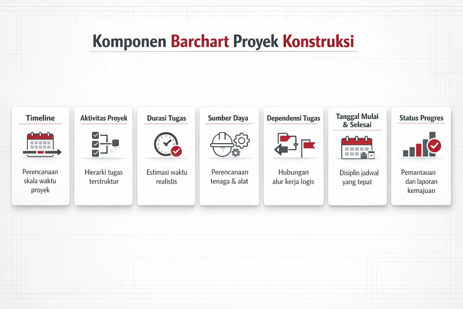 Infografis komponen utama barchart proyek konstruksi seperti timeline, aktivitas, durasi, dan progres
