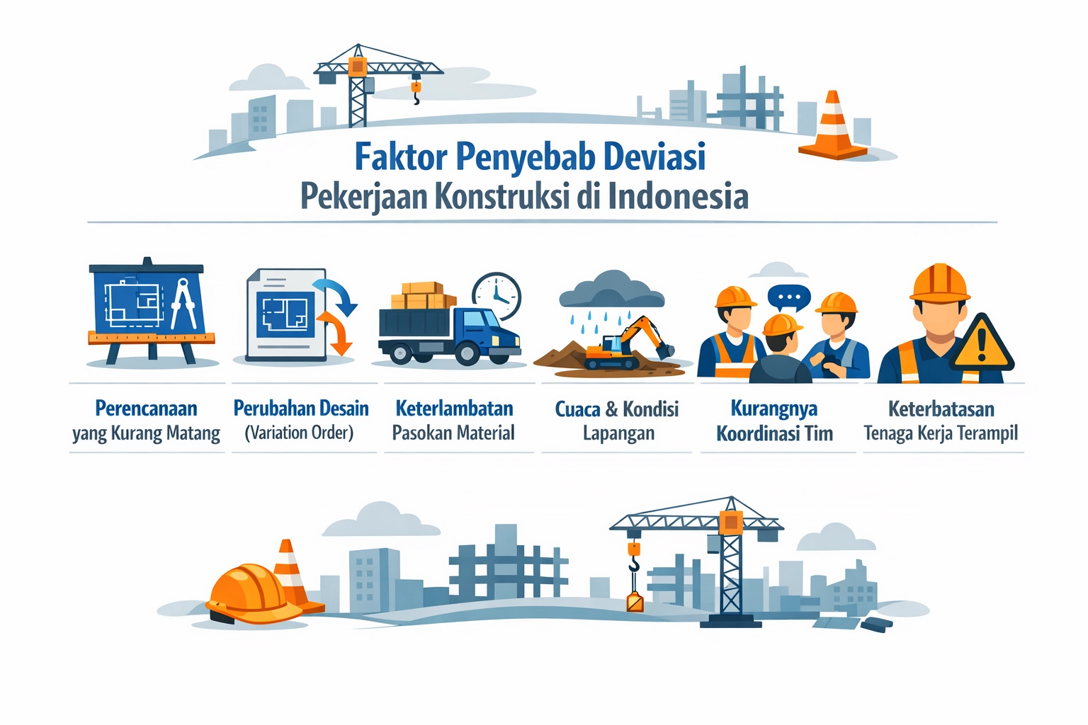 Ilustrasi strategi manajemen proyek untuk mencegah dan mengatasi deviasi pekerjaan konstruksi.