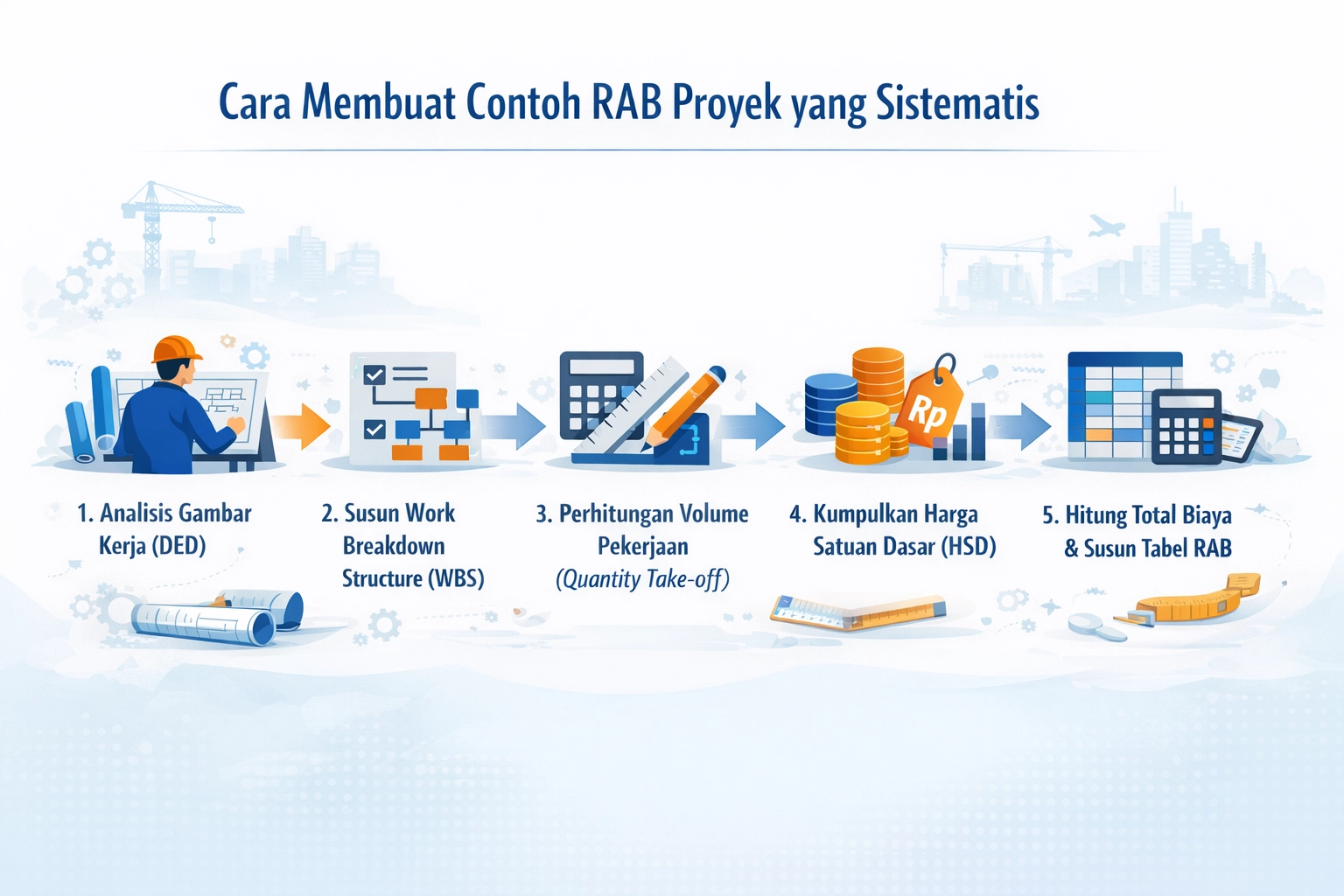 Infografis langkah-langkah membuat RAB proyek konstruksi mulai dari analisis gambar kerja, penyusunan WBS, perhitungan volume pekerjaan, pengumpulan harga satuan, hingga penyusunan tabel anggaran.