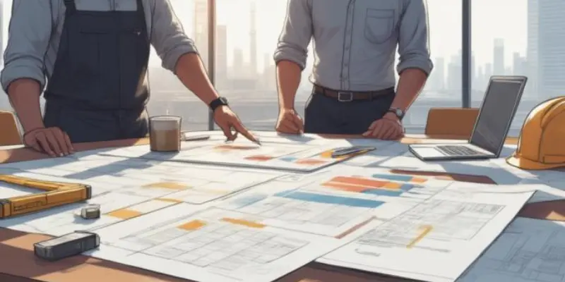 Engineer menunjuk timeline barchart proyek konstruksi di atas meja dengan blueprint dan alat ukur