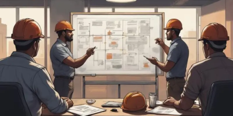 Tim engineer konstruksi berdiskusi mengenai keterlambatan jadwal proyek menggunakan diagram timeline