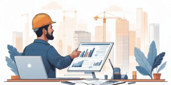 Ilustrasi insinyur konstruksi meninjau rencana anggaran biaya (RAB) proyek di laptop dengan blueprint bangunan, kalkulator, dan grafik biaya.