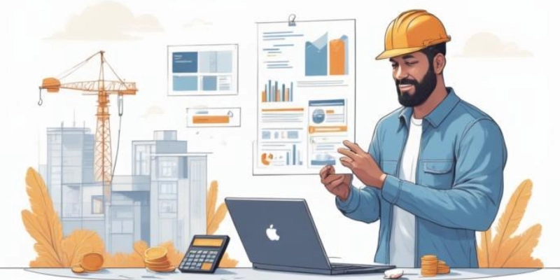 Ilustrasi manajer proyek meninjau dokumen RAB proyek konstruksi dengan grafik biaya dan ikon perencanaan anggaran.
