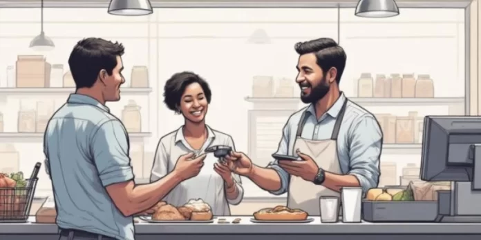 Ilustrasi transaksi over the counter menggunakan sistem POS di toko retai