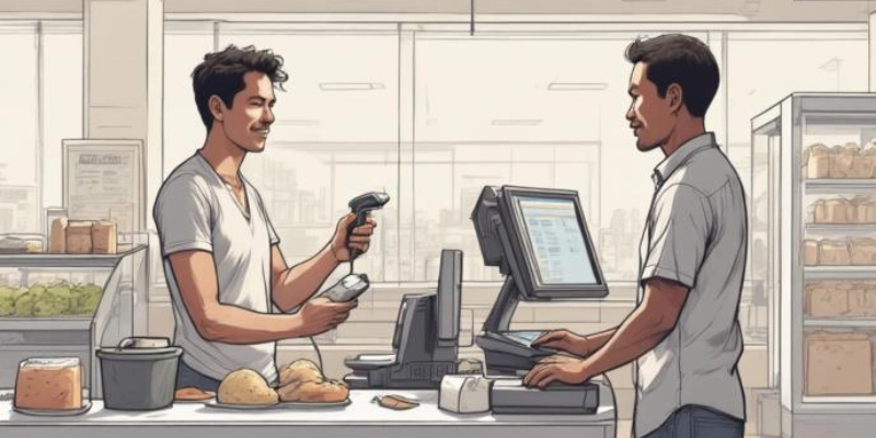 Ilustrasi proses transaksi over the counter menggunakan sistem POS di meja kasir toko