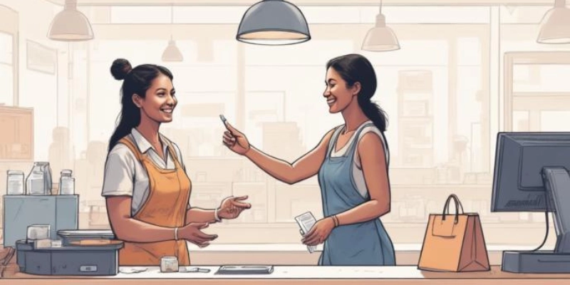 Ilustrasi interaksi pelanggan dan kasir dalam transaksi over the counter di toko retail