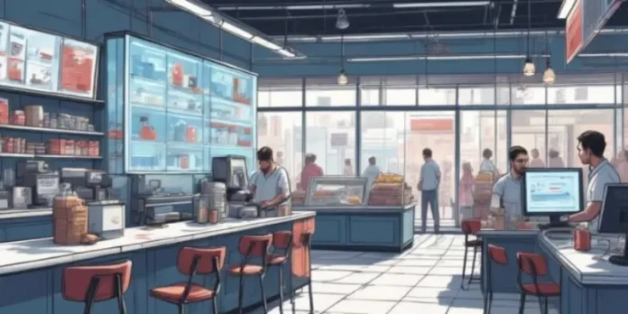 Ilustrasi specialty store modern dengan sistem POS digital terintegrasi