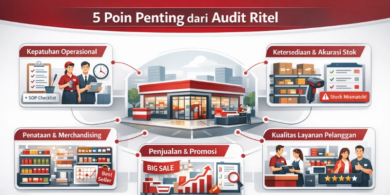 Infografis lima poin penting audit ritel yang mencakup operasional, stok, display, promosi, dan layanan pelanggan.