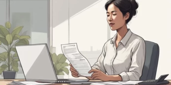 Ilustrasi staf keuangan memeriksa nota pembelian di meja kerja