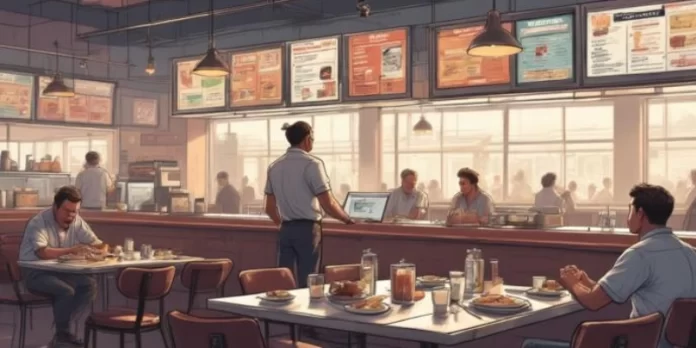 Ilustrasi sistem table management di restoran modern dengan pengaturan meja digital