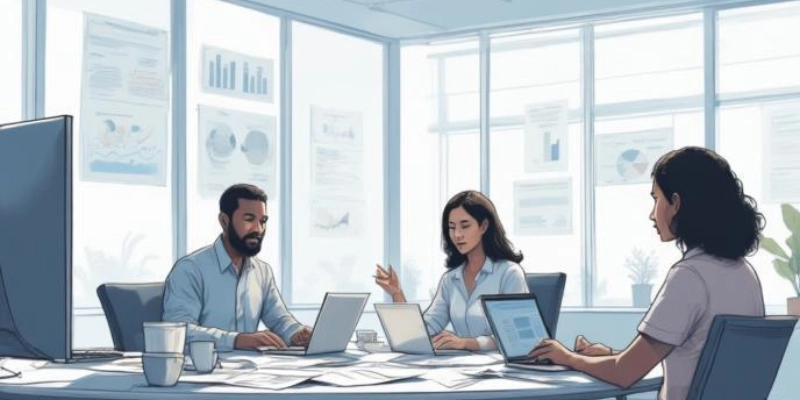 Ilustrasi tim keuangan menganalisis laporan keuangan untuk pelaporan pajak