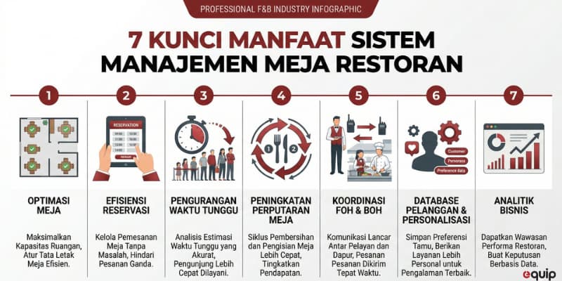 Infografis profesional berwarna merah marun dan abu-abu gelap yang menjelaskan 7 manfaat utama sistem manajemen meja (Table Management System) untuk industri F&B, mencakup optimasi meja, efisiensi reservasi, hingga analitik bisnis.