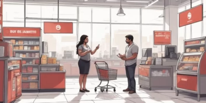 Ilustrasi auditor retail memeriksa operasional toko modern menggunakan tablet di area penjualan.