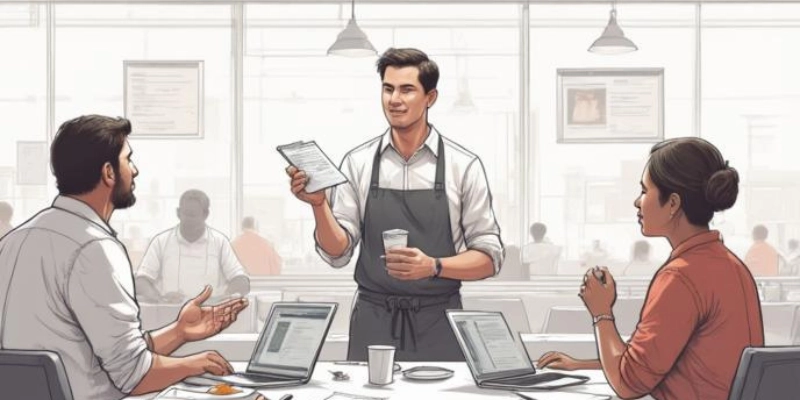 Ilustrasi manajer restoran menyusun SOP bersama tim operasional dari divisi layanan, kasir, dan dapur.
