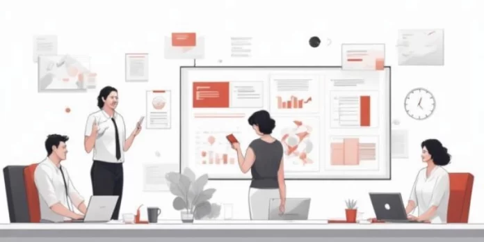 Ilustrasi tim kantor mengelola pengeluaran operasional dengan expense management software melalui laptop, tablet, dan smartphone.